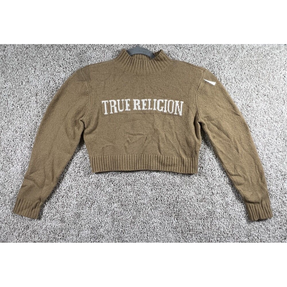 True Religion Crop Sweater Womens S Beige Logo Mock Neck Y2K